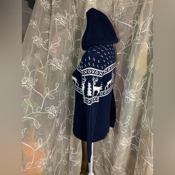 Old Navy Kids Reindeer Blue and White Knit Hooded Sweater - Picture 6 of 8